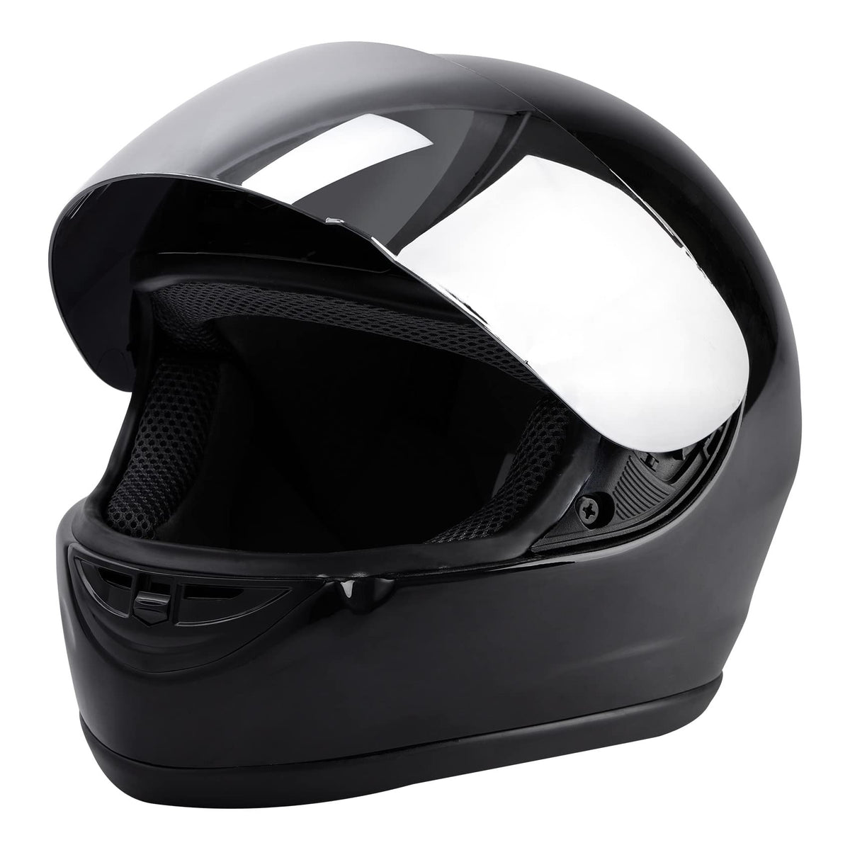 TCMT helmet front view showing shield and secure fit benefit