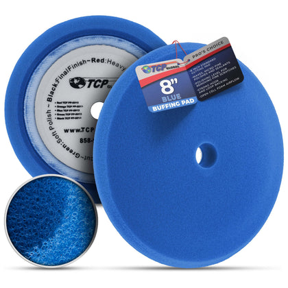 TCP Global 8" blue buffing pad front view showing foam profile and benefit precision