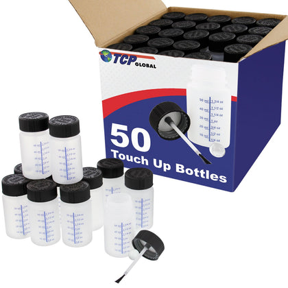 TCP Global front packaging showing box of 50 bottles and compact storage benefit