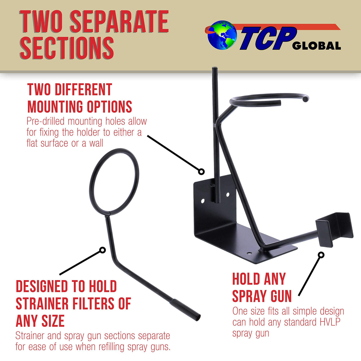 TCP Global spray gun in holder while straining paint, speeds setup and prevents spills