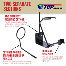 TCP Global spray gun in holder while straining paint, speeds setup and prevents spills
