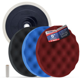 TCP Global kit front packaging showing included 8" pads and backing plate for better workflow