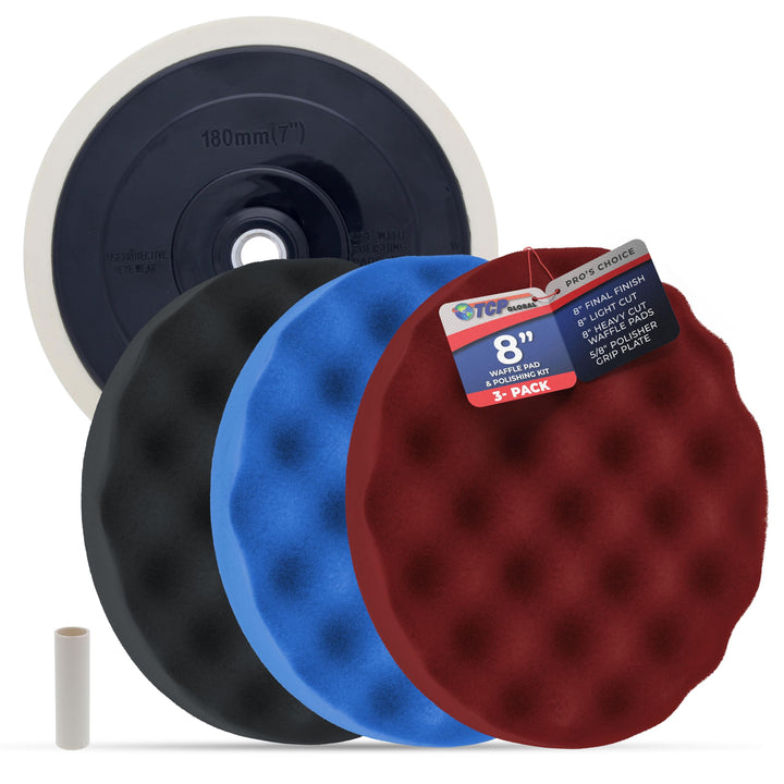 TCP Global kit front packaging showing included 8" pads and backing plate for better workflow