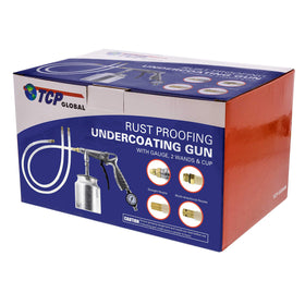 TCP Global spray gun used in garage setting demonstrating professional undercoating work
