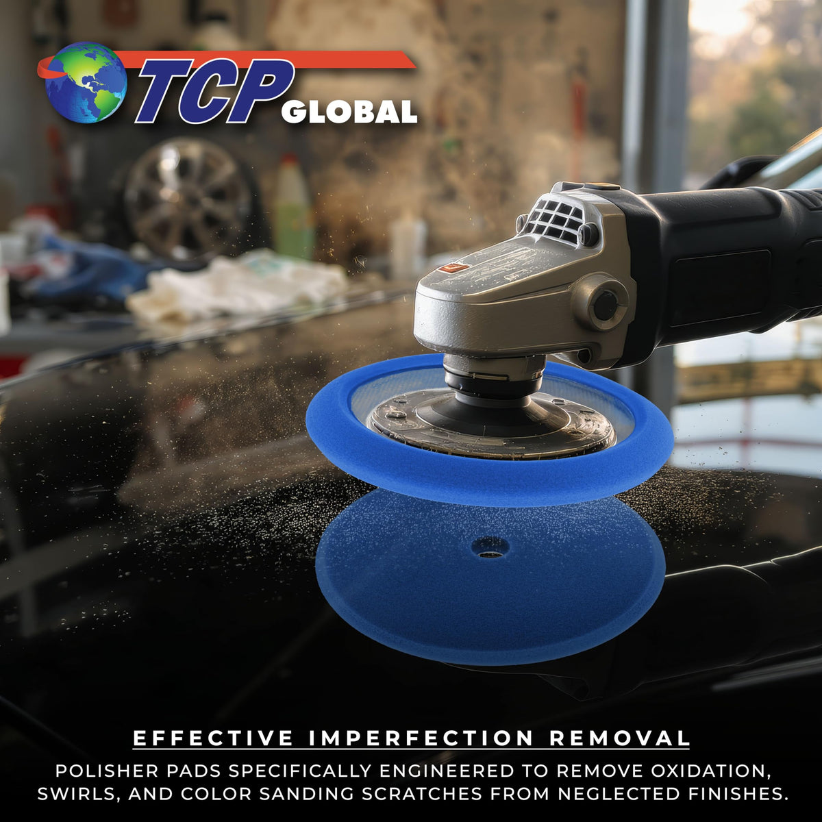 TCP Global pad on wet surface showing water spot removal effectiveness benefit