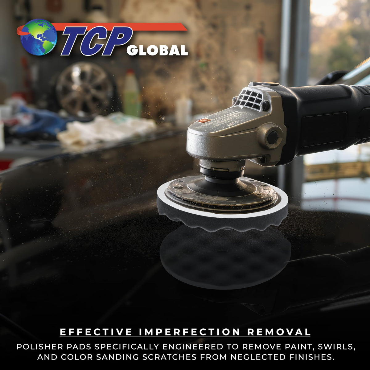 TCP Global pads next to a hand showing 8-inch size and scale