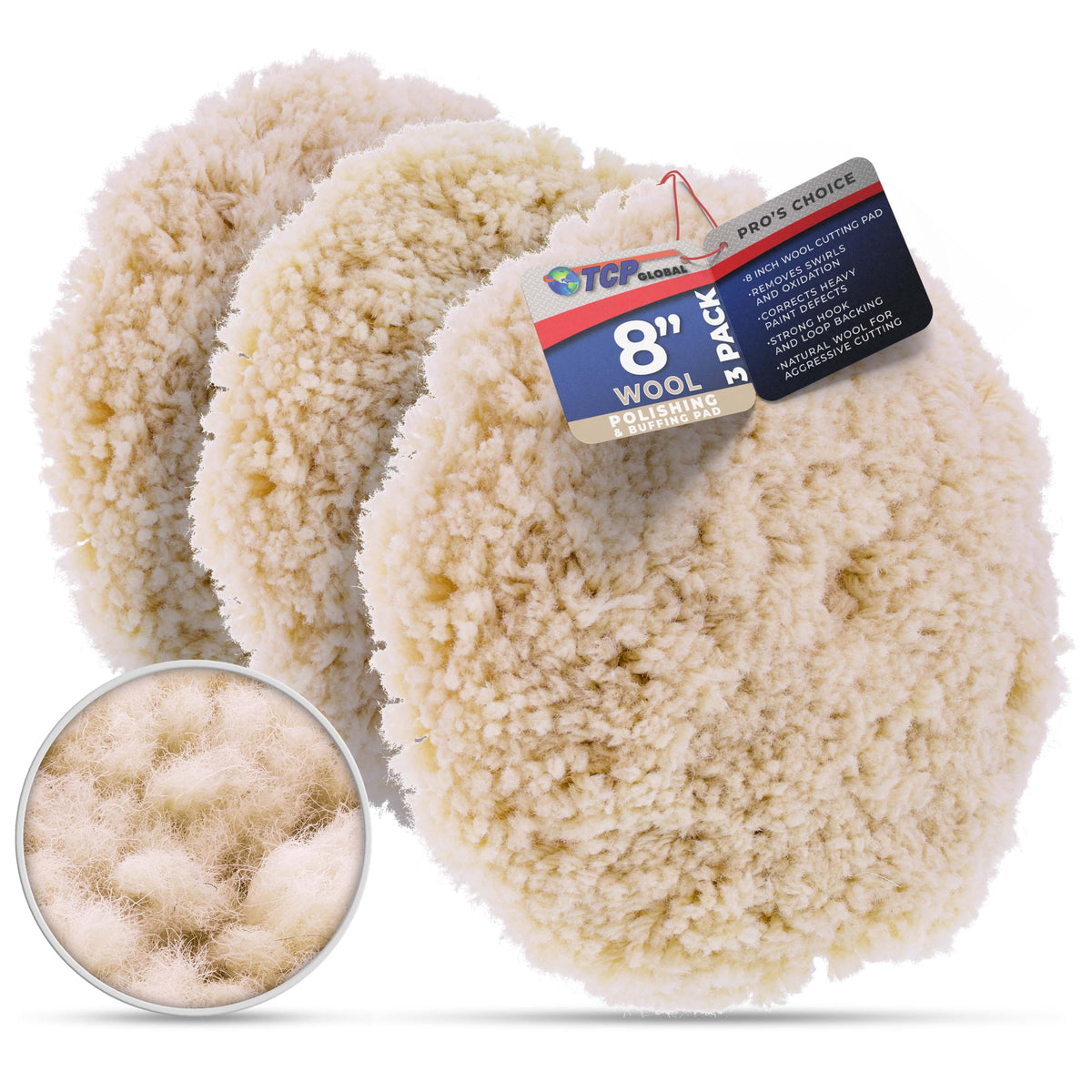 TCP Global front view of 8-inch wool pad showing pile and size, for fast defect removal