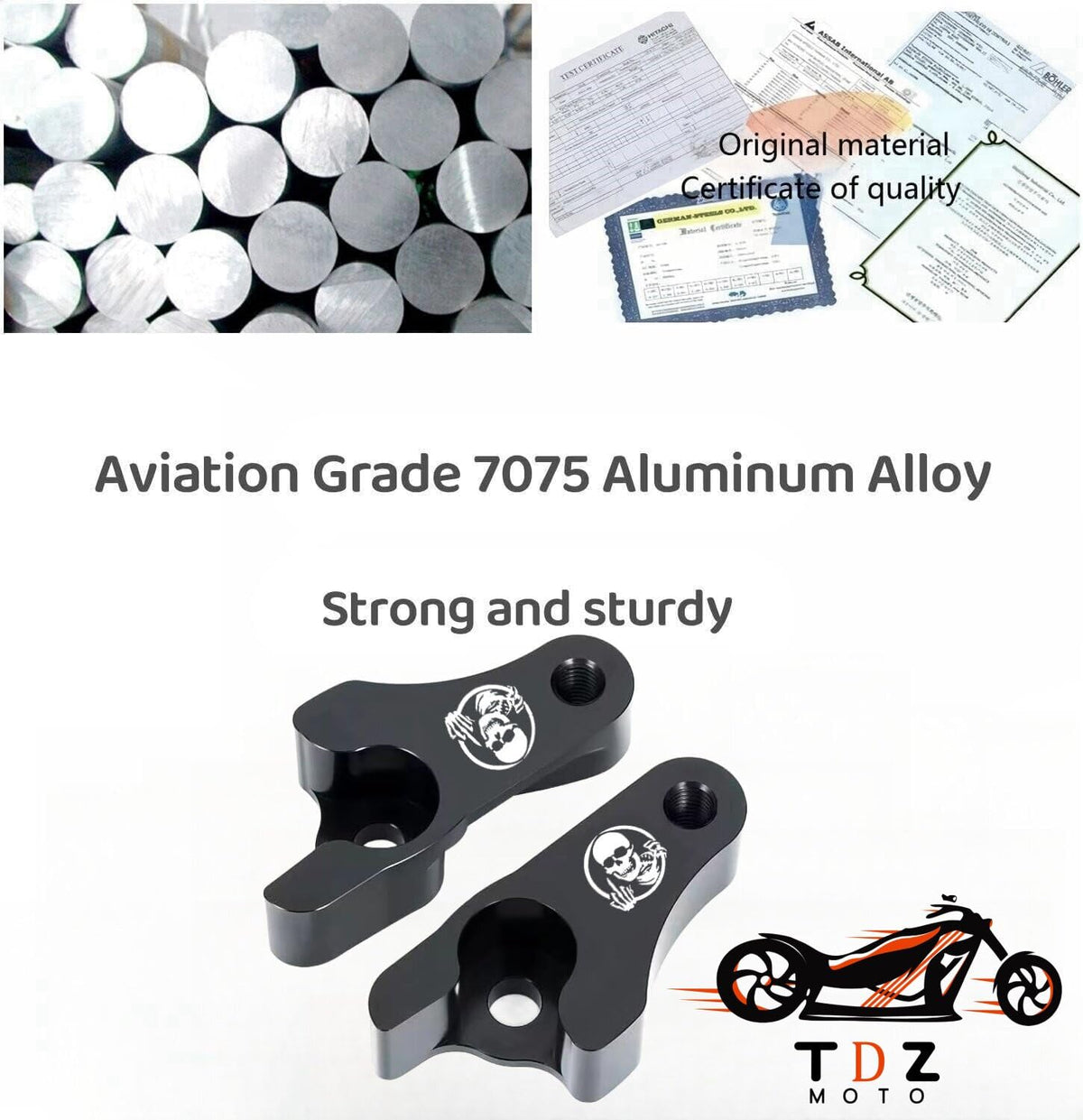 TDZ MOTO lowering link next to ruler showing 2-inch drop and clear dimension reference benefit