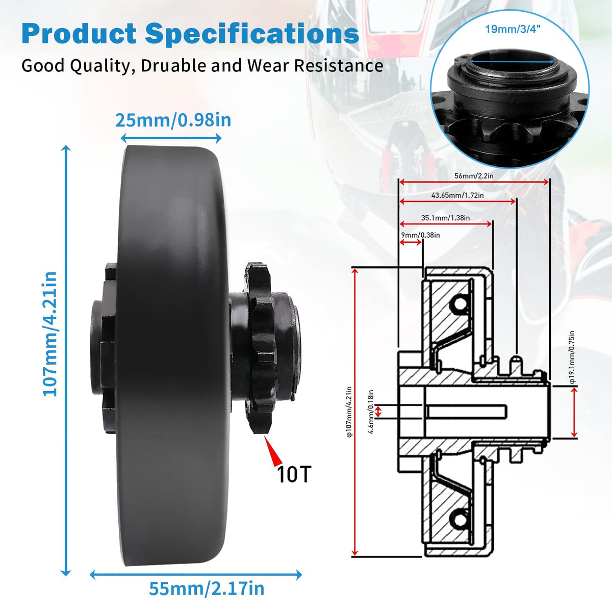 TEANTECH side profile clutch with 10T sprocket demonstrating proper chain alignment