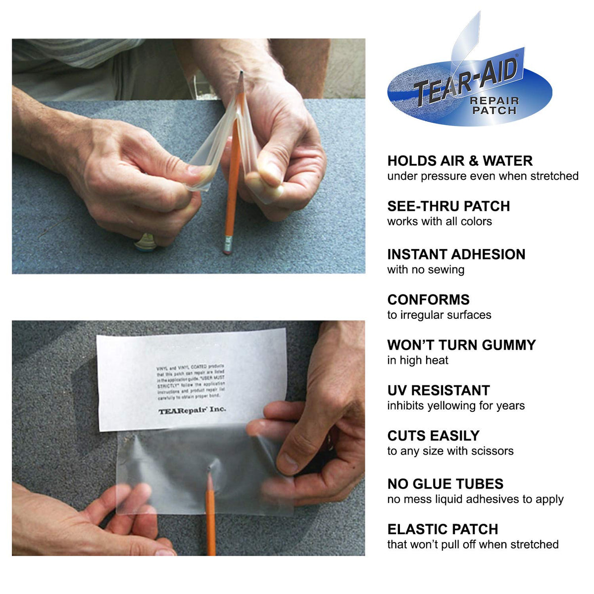 TEAR-AID vinyl patch applied to an inflatable boat demonstrating watertight repair