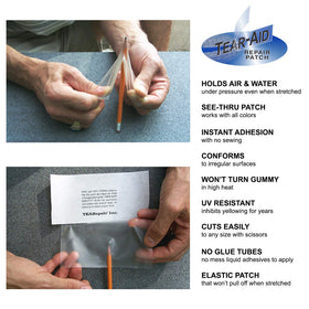 TEAR-AID vinyl patch applied to an inflatable boat demonstrating watertight repair