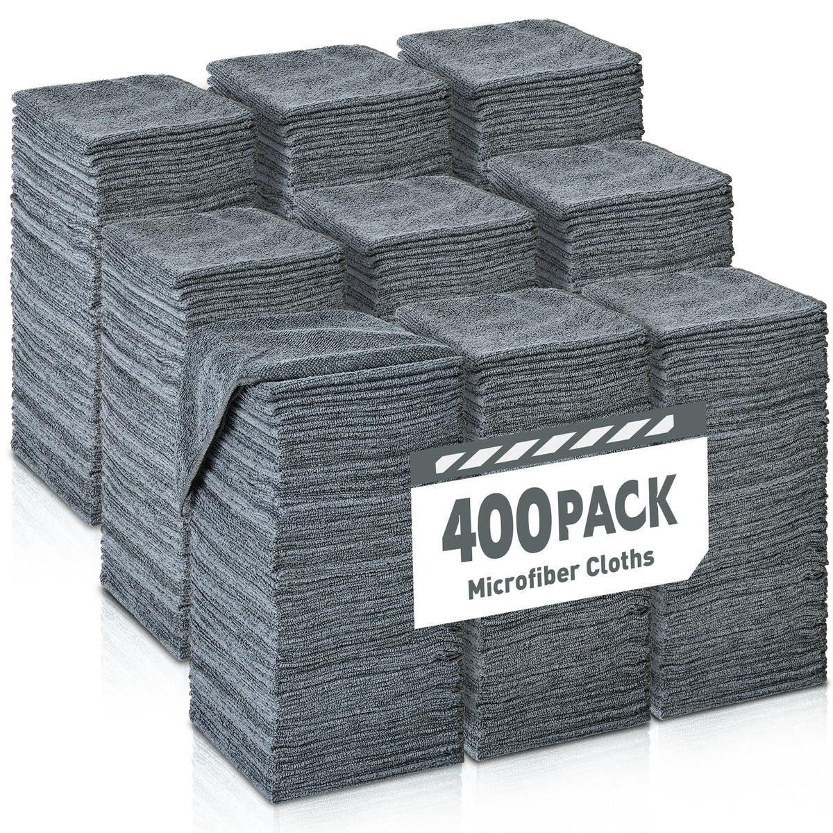 TEAWOO front pack of 400 microfiber towels showing compact vacuum-packed benefit