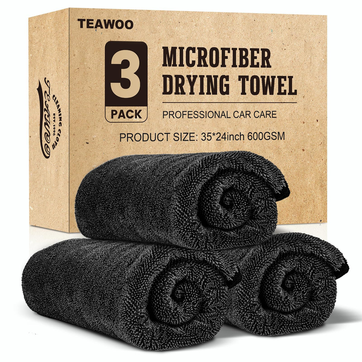 TEAWOO front packaging showing three folded towels and product details for easy identification