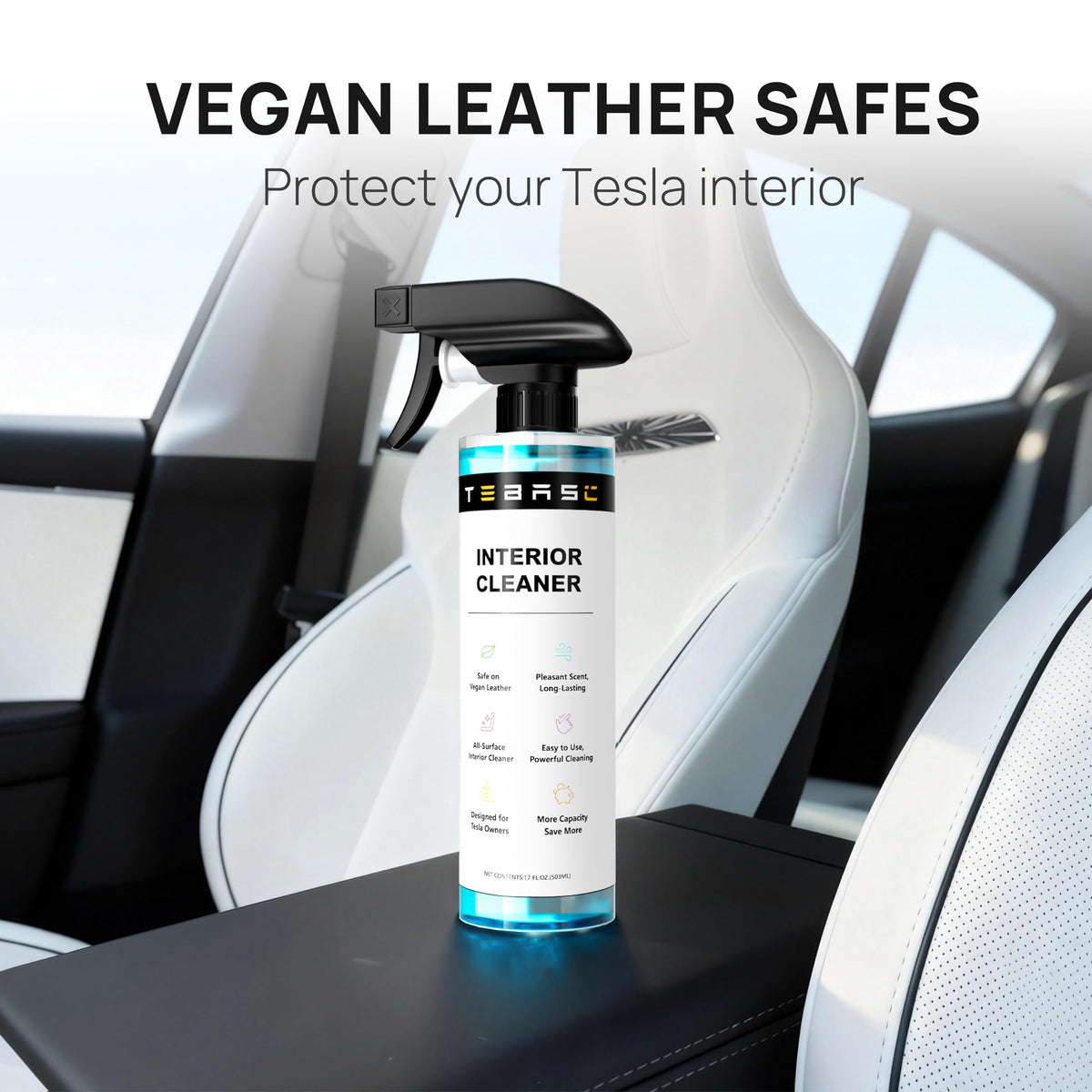 TEBASIC in-use on seat removing a stain demonstrating quick stain-lift benefit