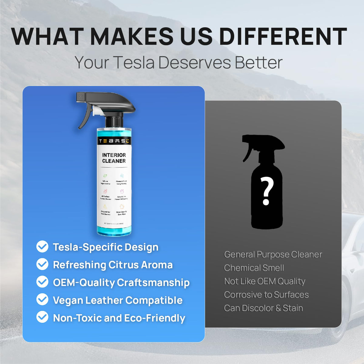 TEBASIC cleaned Tesla interior lifestyle shot showing refreshed cabin appeal benefit