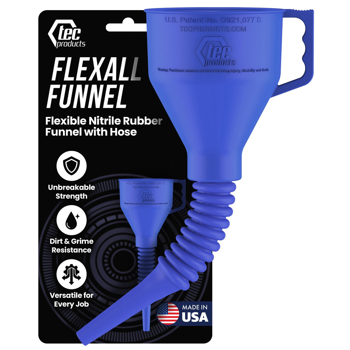 TEC Products funnel front view showing 12-inch flexible body and 4-inch mouth, for cleaner pours