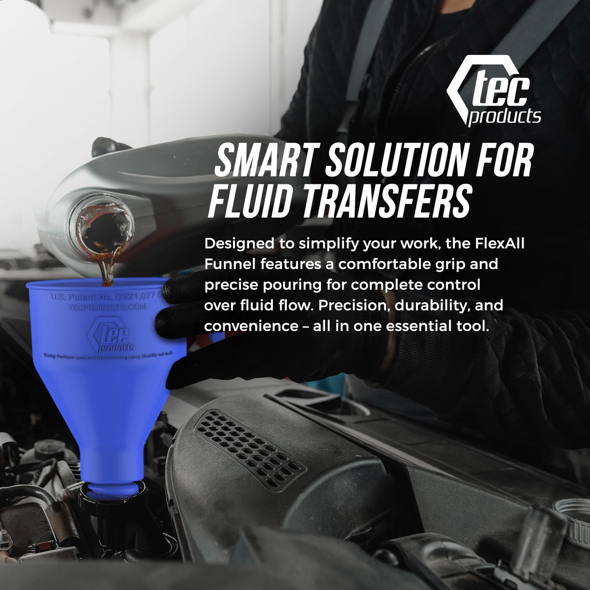 TEC Products funnel on workbench with tools, illustrating garage-ready durability and use