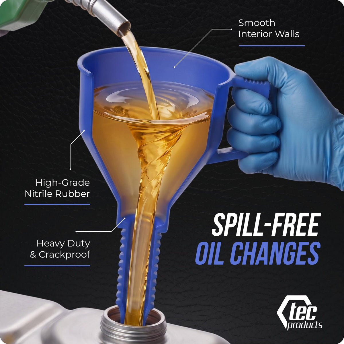 TEC Products FlexAll inserted into engine filler neck demonstrating spill reduction benefit