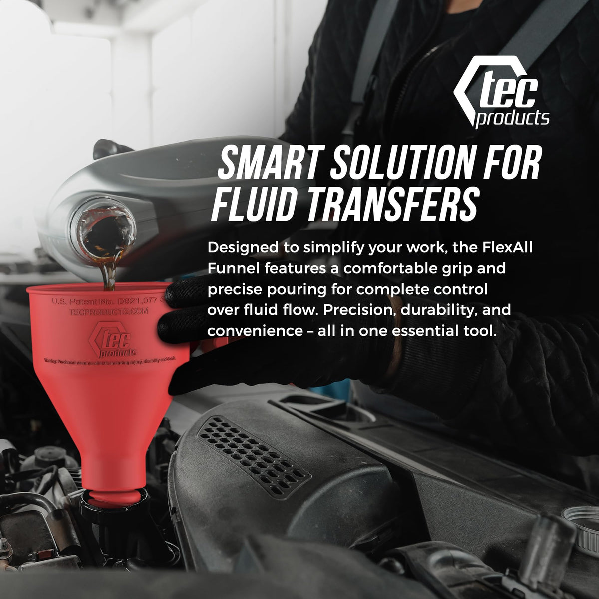 TEC Products funnel staged in garage demonstrating professional utility