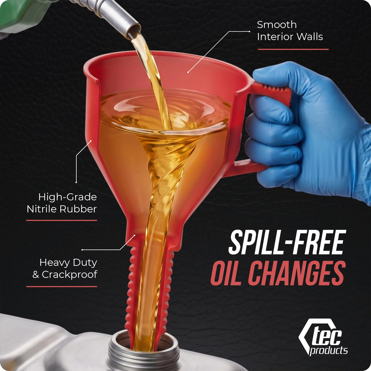 TEC Products funnel in use pouring engine oil into a car with less mess