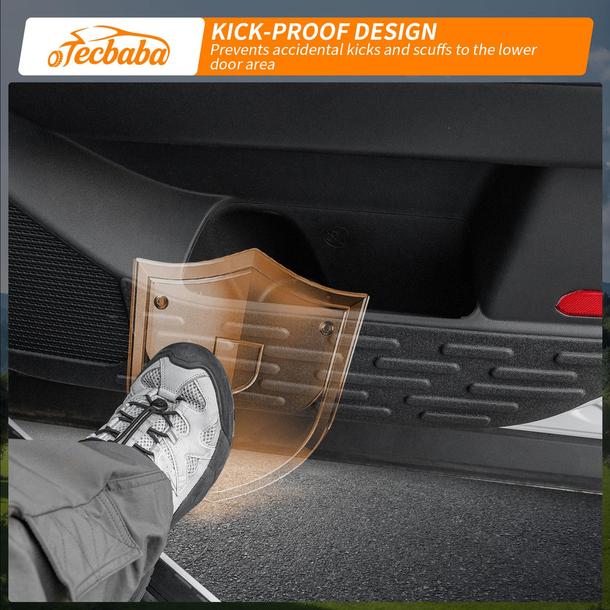 Tecbaba door pad installed on vehicle door preventing shoe-mark damage