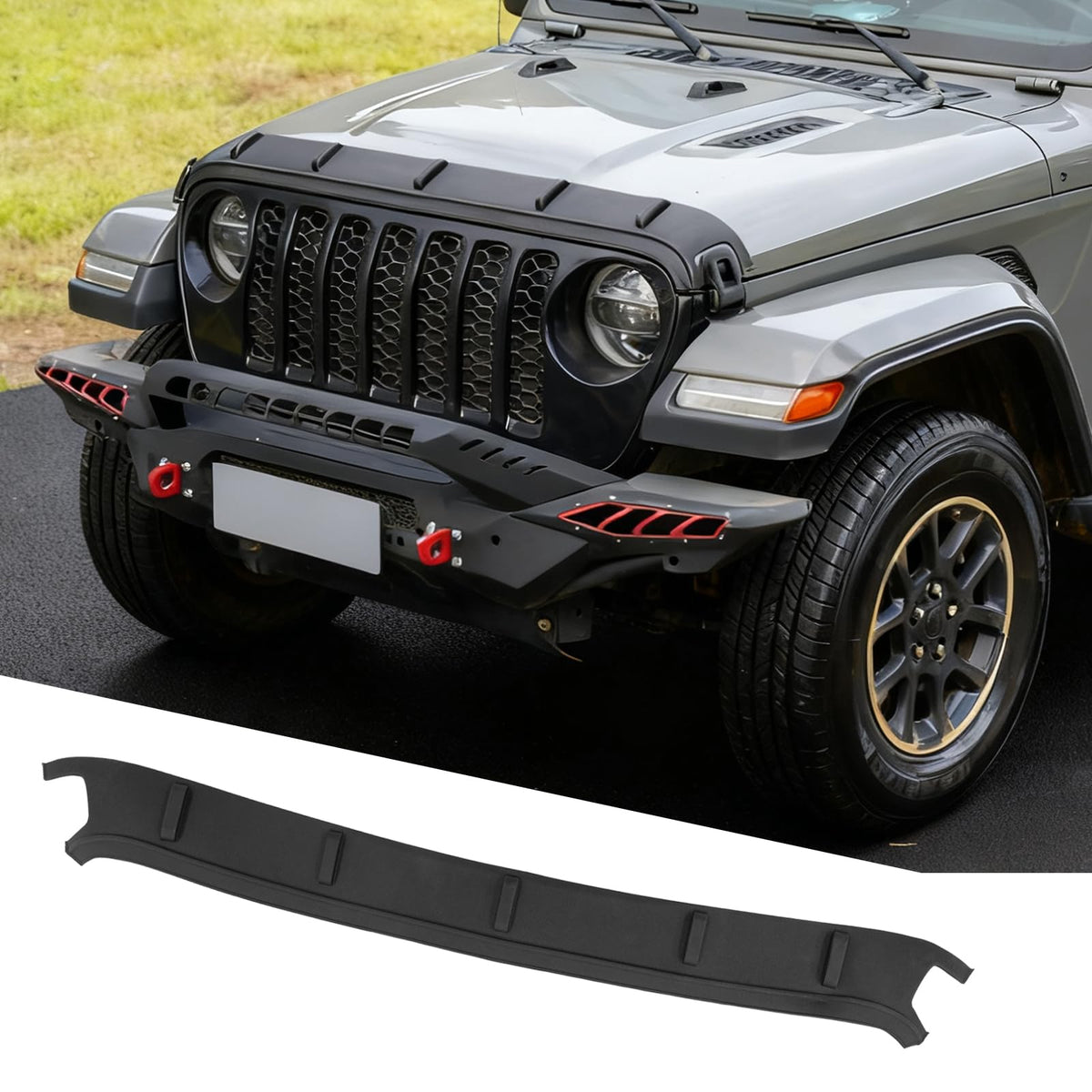 Tecbaba front view hood protector fitted to Jeep Gladiator, improves paint protection