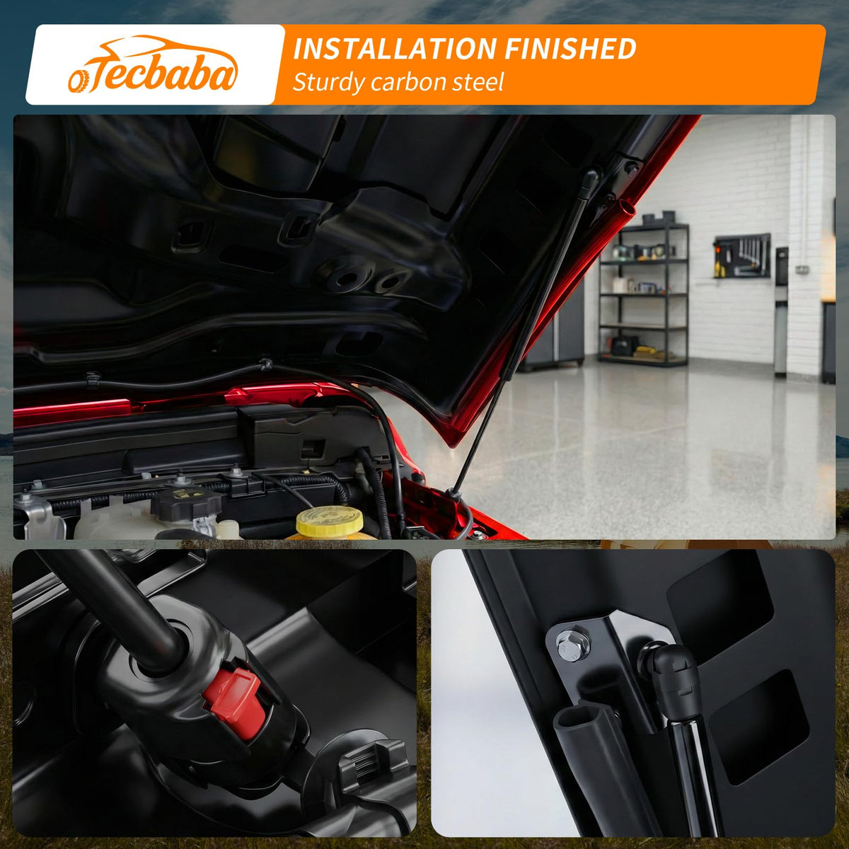 Tecbaba in garage while owner performs maintenance showing practical convenience