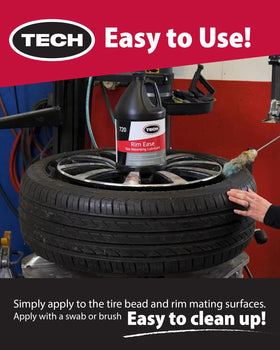TECH Rim Ease brush applying lubricant to tire bead for smooth mounting and reduced pinch risk