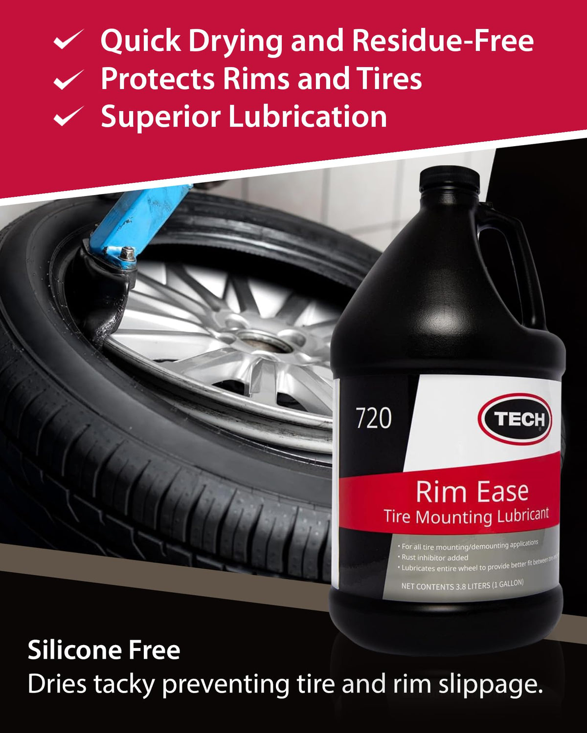 TECH Rim Ease being applied to a motorcycle tire demonstrating versatile vehicle compatibility