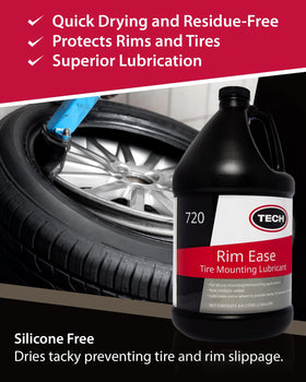 TECH Rim Ease being applied to a motorcycle tire demonstrating versatile vehicle compatibility