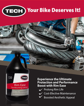 TECH Rim Ease pouring lubricant onto tray to demonstrate easy dispensing and ready-to-use benefit