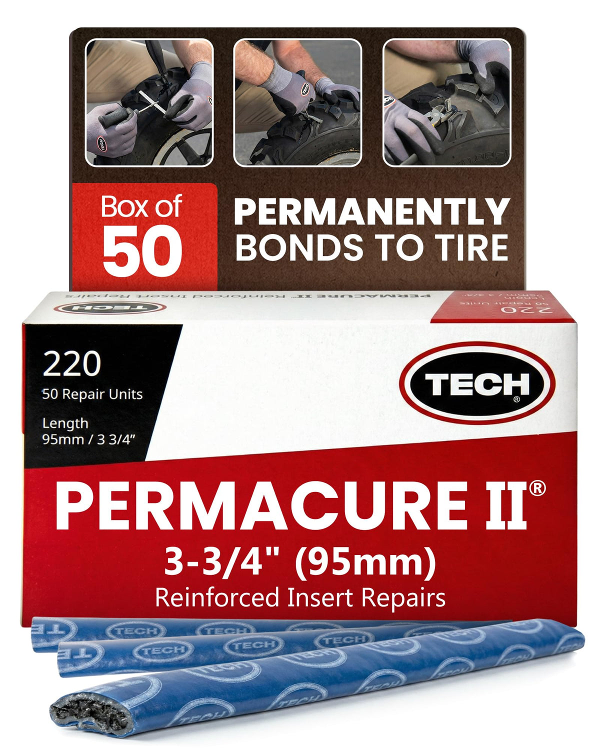 TECH Tire Permacure II box front showing pack of 50 inserts and benefits