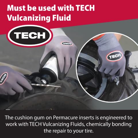 technician inserting TECH Tire Permacure II plug into a tubeless tire for emergency repair