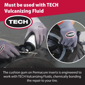 technician inserting TECH Tire Permacure II plug into a tubeless tire for emergency repair