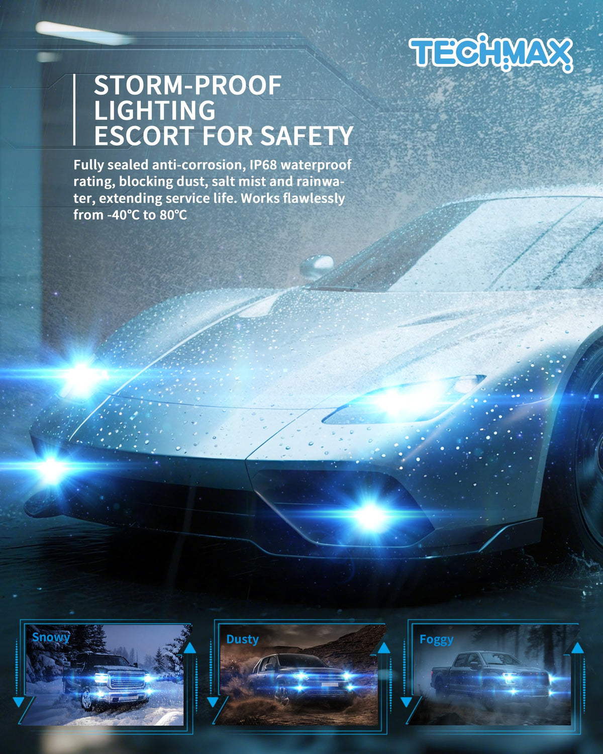 TECHMAX bulb installed in a vehicle fog housing showing brighter road visibility benefit
