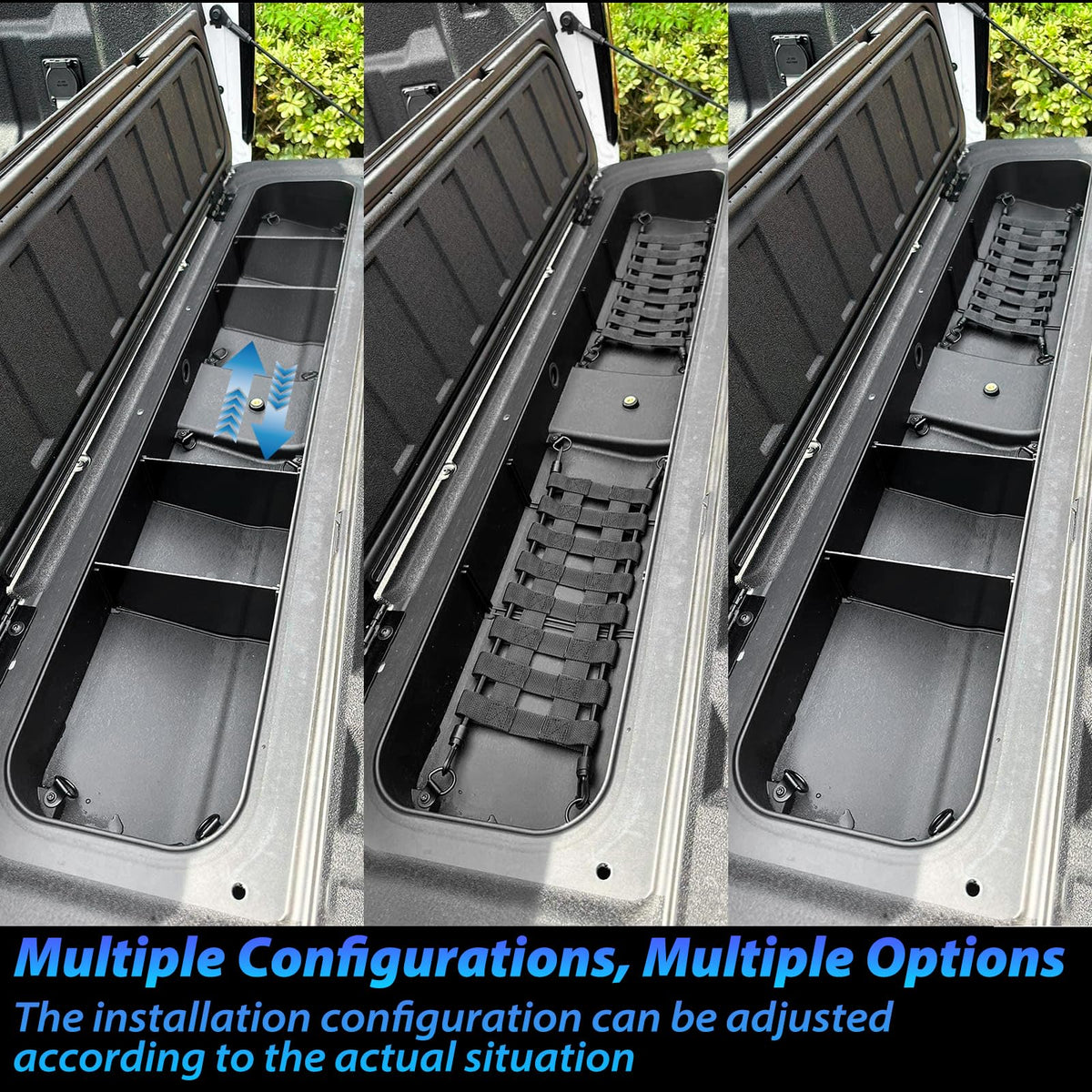 TECHPICCO cargo net stretched across tailgate compartment, secures loose tools and gear