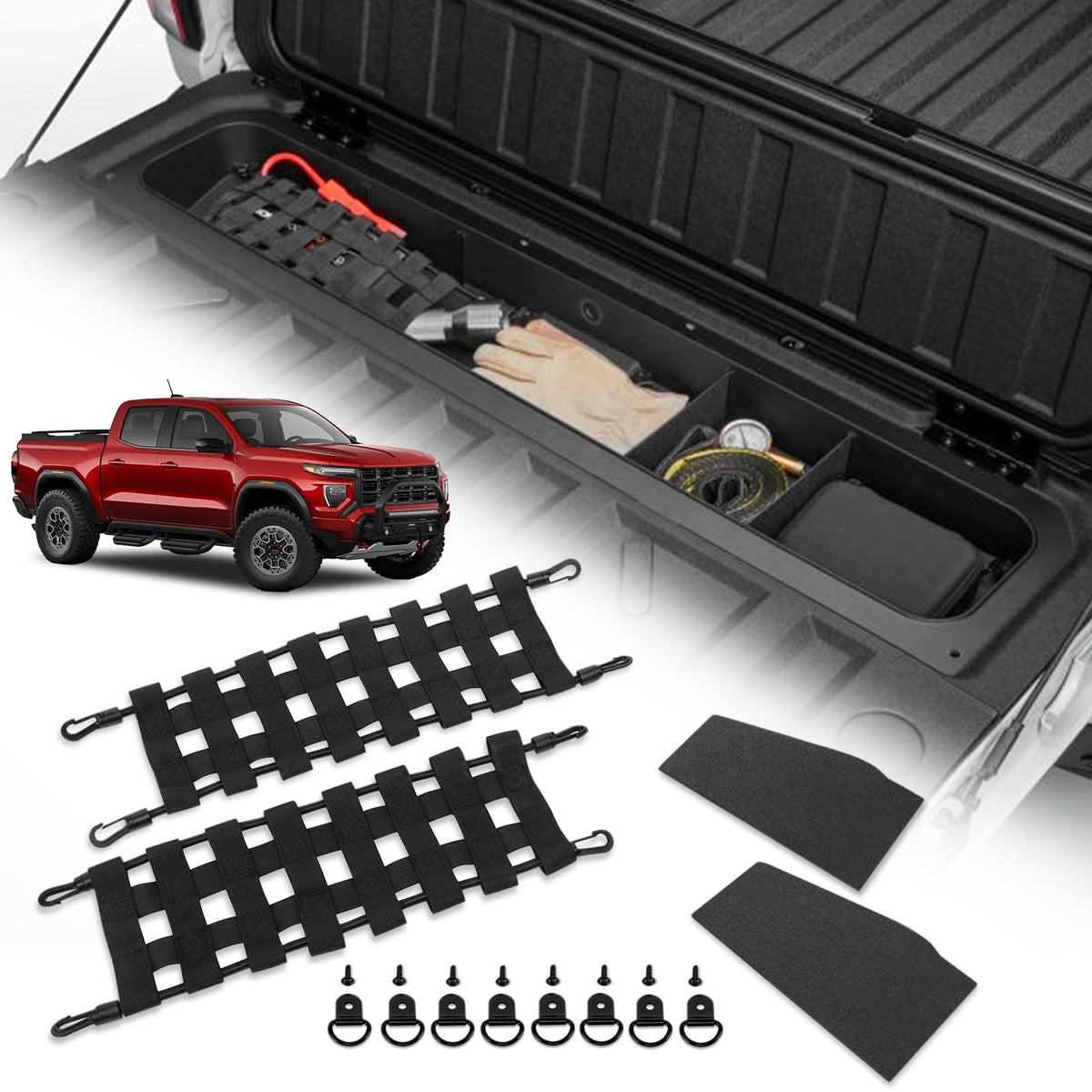TECHPICCO front view showing complete kit organized and ready to install, improves tailgate organization