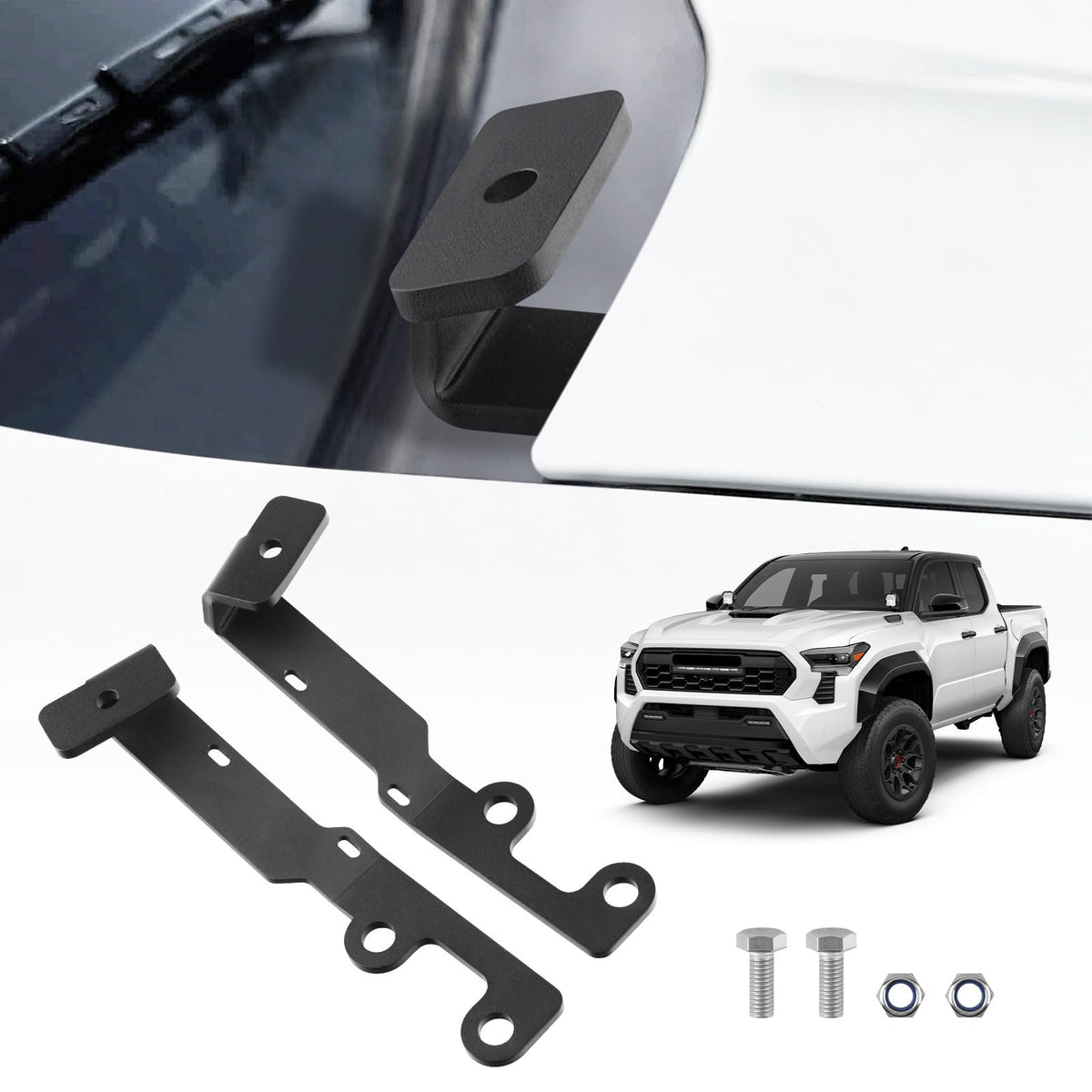 TECHPICCO front view of ditch light brackets showing fit and finish for Toyota models
