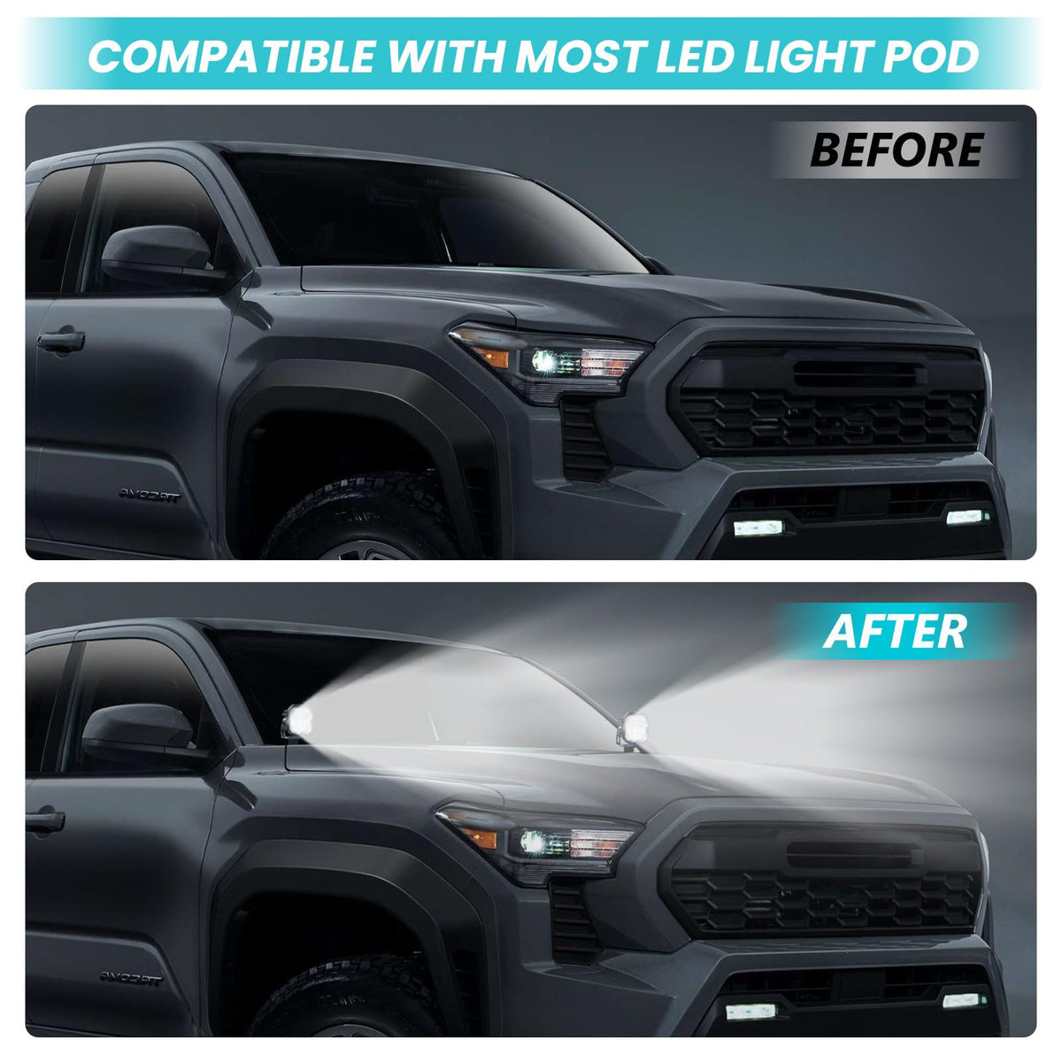 TECHPICCO driver side bracket mounted with LED pod demonstrating improved night visibility