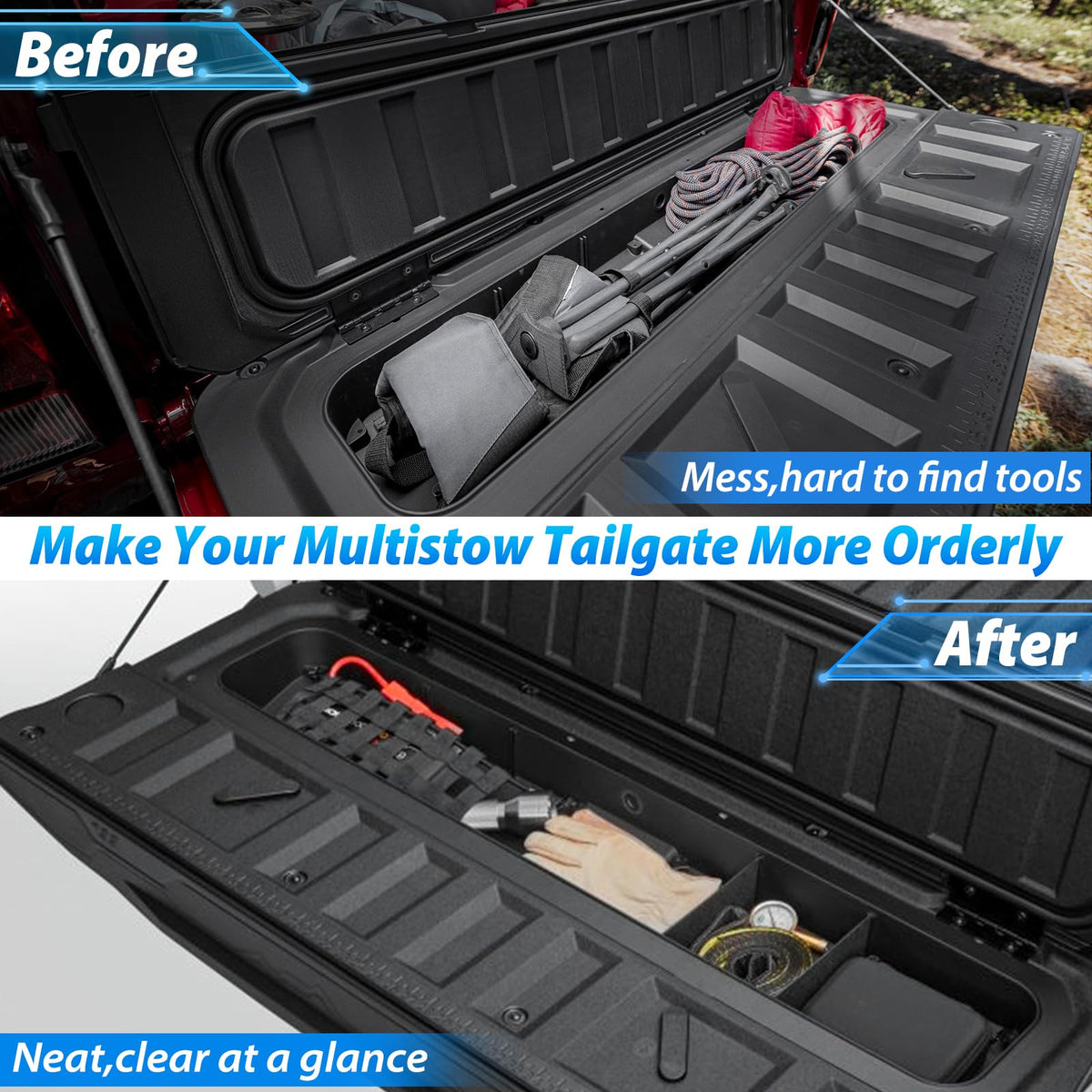 TECHPICCO installed in open tailgate of Colorado showing compartment layout, keeps items tidy