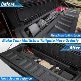TECHPICCO installed in open tailgate of Colorado showing compartment layout, keeps items tidy