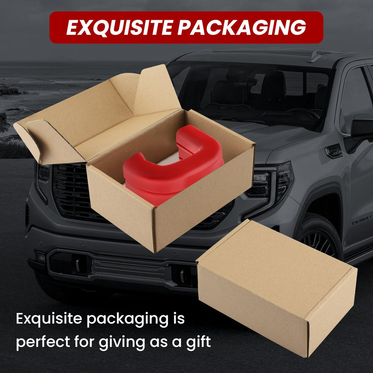 TECHPICCO lifestyle shot on parked Sierra shows stylish, protected tow hooks