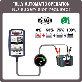 Tecmate OptiMate LED indicators close-up showing status feedback for confident use