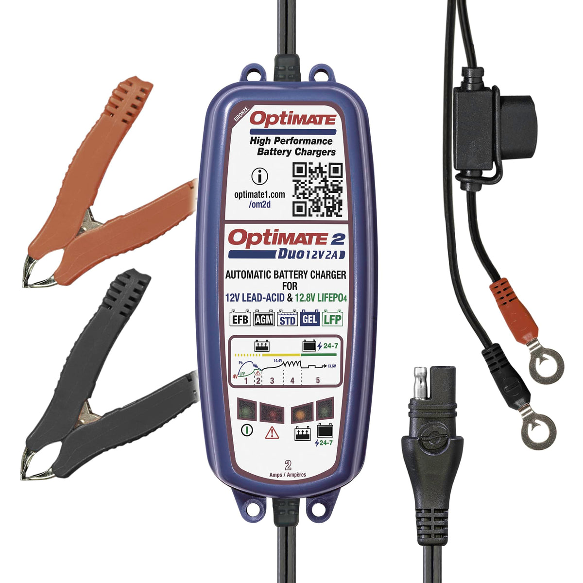 Tecmate OptiMate 2 Duo front view showing controls and LED indicators for reliable monitoring