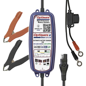 Tecmate OptiMate 2 Duo front view showing controls and LED indicators for reliable monitoring