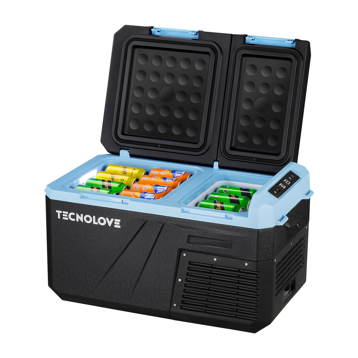 Tecnolove front view closed in ice blue showing compact portability and secure seal