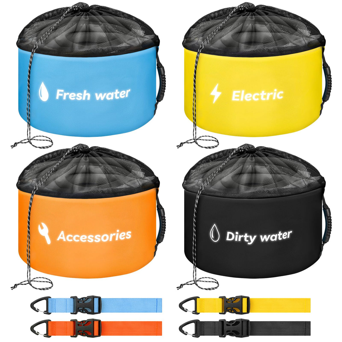 Tecreddy front view of four color-coded bags showing organized RV storage benefit