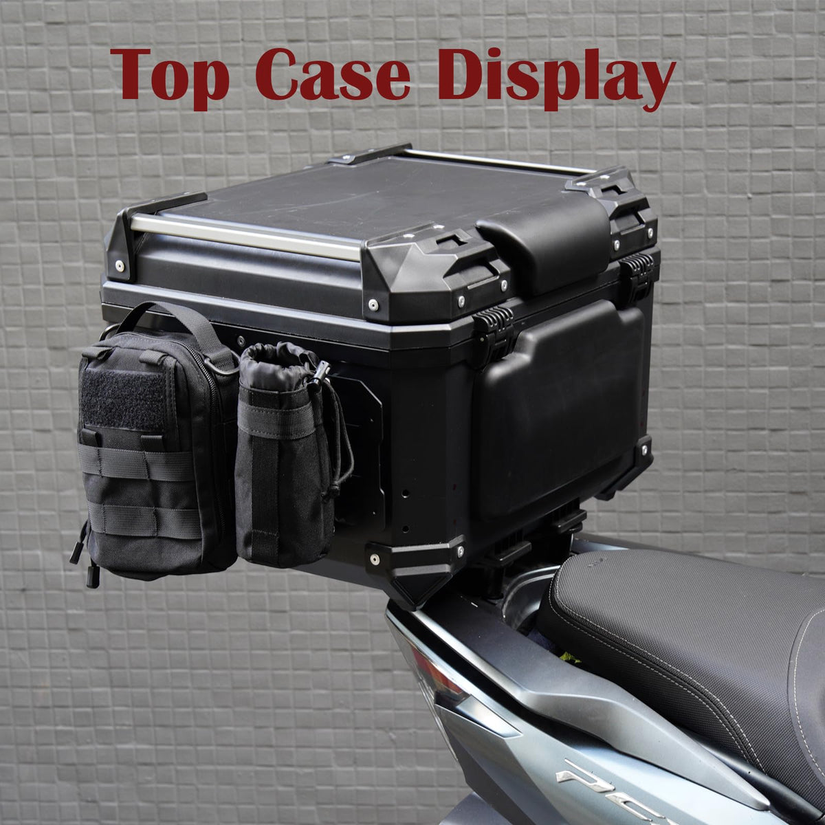 TECTEK motorcycle parked with panel-equipped top case for faster gear access