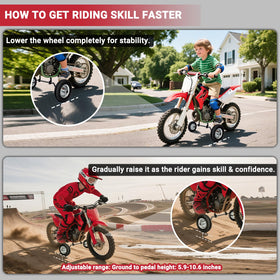 teemoo training wheels beside child sized dirt bike showing scale and fit benefit