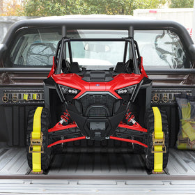 TEKCHIC straps securing an ATV inside a trailer demonstrating stable transport